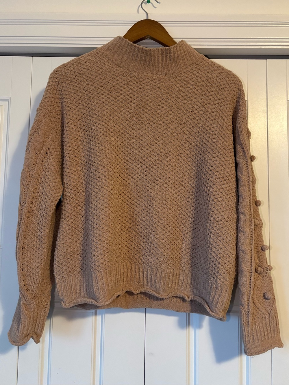 Moral Fiber, tan waffle style knit pompom sweater